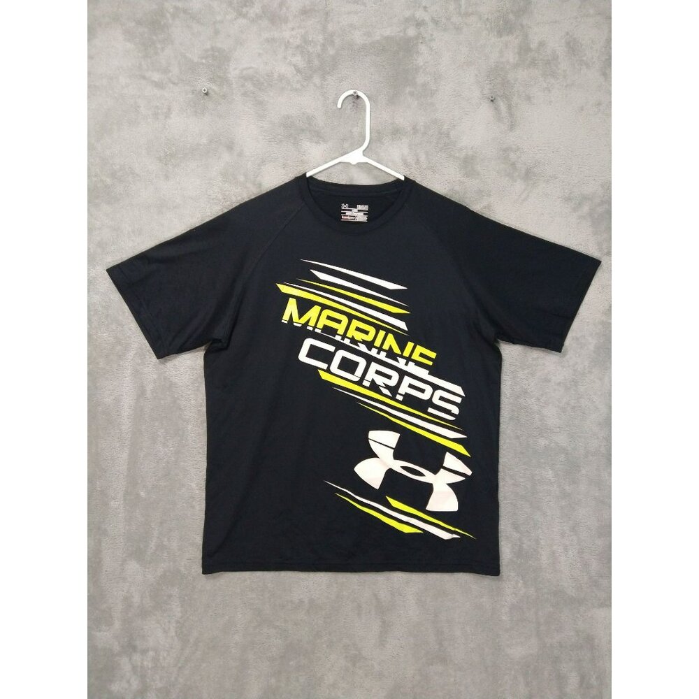 Under Armour Shirt Mens Medium Black Marine Corps Short Sleeve Loose HeatGear